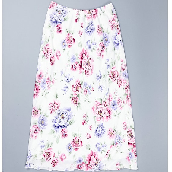 Floral Slip Skirt | Vintage 90's Bias Cut White R… - image 1