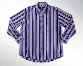 Vintage Men's Long Sleeve Striped Button-Up Shirt, Oversized Boyfriend Top