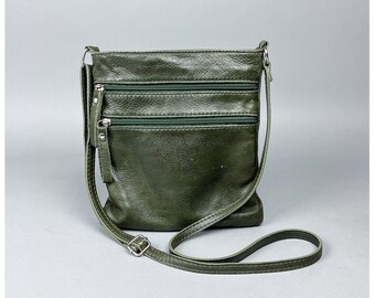 Crossbody Sling Purse | Vintage 90's Dark Olive Green Leather Satchel Bag with Multi Zippered Pockets