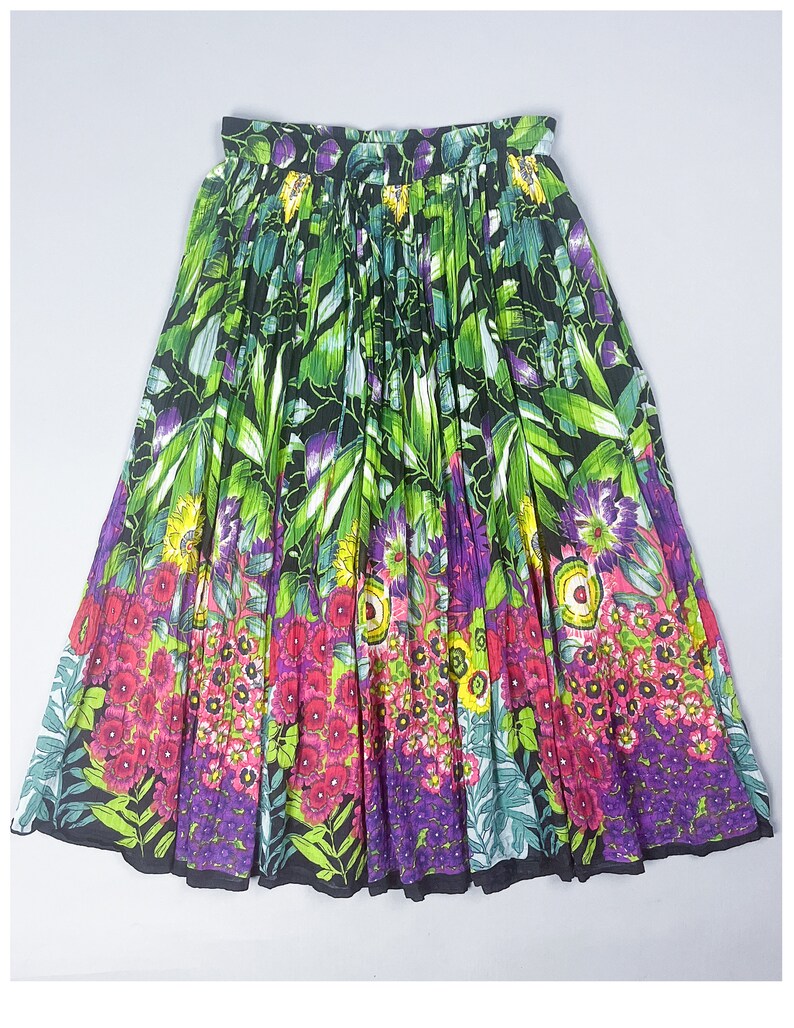 Floral Broom Skirt Vintage 90's Bold Tropical Flower Patterned Crinkle Textured Maxi Skirt with Drawstring Elastic Waist Size Small image 2