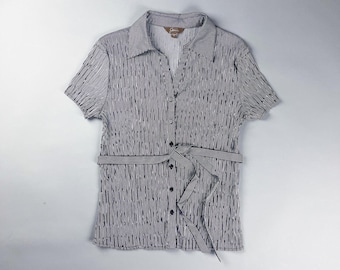 Y2K Short Sleeve Button-Up Blouse with Tie Waist