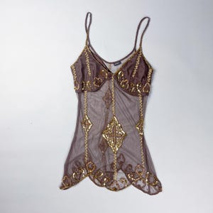 Y2K Mesh Tank Top, Sheer Brown Gold Sequin Embellished