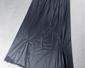 Vintage Black Silky Nylon Skirt Slip with Lightly Ruffled Hem