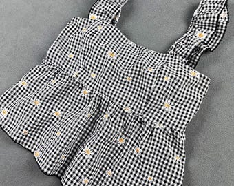 Y2K Gingham Ruffle Strap Peplum Top with Daisy Embroidery
