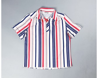 70's Striped Shirt | Vintage Red, White & Blue Tight Short Sleeve Collared Shirt | Size Small