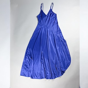 Vintage Dress Slip | 80's Royal Blue Long Flowy Nylon Lingerie Slip with Side Leg Slit | Size Medium