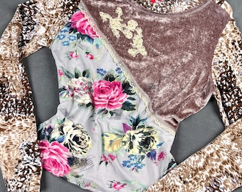 Y2K Long Sleeve Patchwork Top, Velvet, Floral, Animal Print