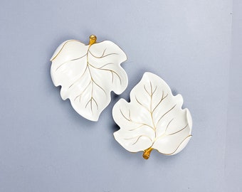 Carlton Ware Dishes | Vintage MCM Pair of Porcelain Leaf Shaped Salad or Serving Plates | White with Gold Paint