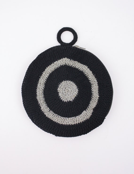 60's Circle Purse, Black & Silver Crochet Bag, Sma