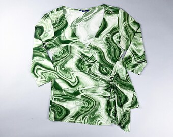Y2K Green and White Marble Print Faux Wrap Top with 3/4 Sleeves