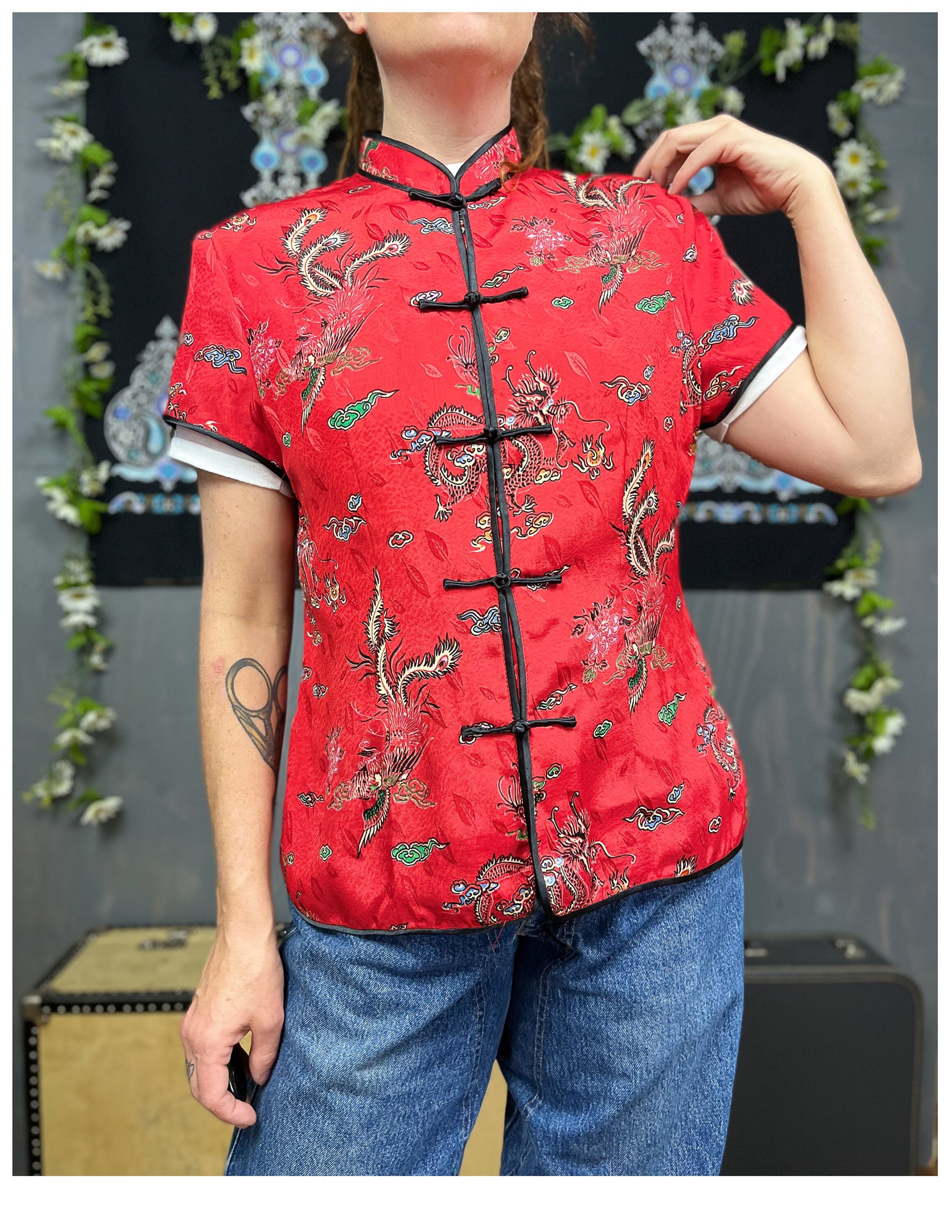 Red Chinese Top | Vintage 90's Red & Black Brocade Cheongsam