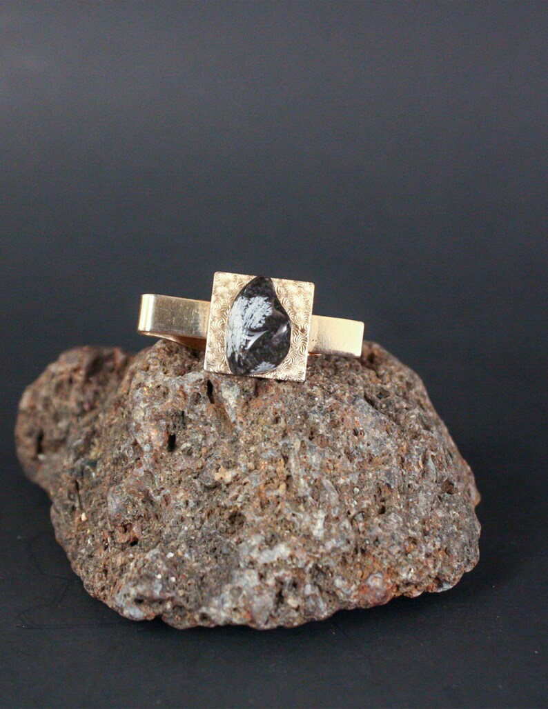 Swanky Men/'s Jewellery 1970/'s Tie Clip Black Obsidian Gold Tone Setting