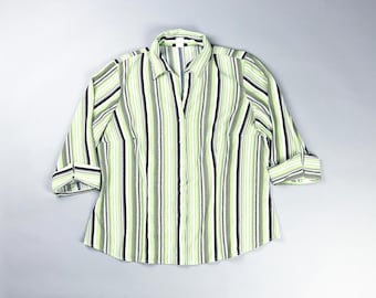 Multi Striped Blouse | Y2K Vintage Green Stripes Long Sleeve Woman's Button Up