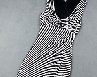 Y2K Bodycon Sleeveless Dress with Cowl Neck, Black and Grey Striped