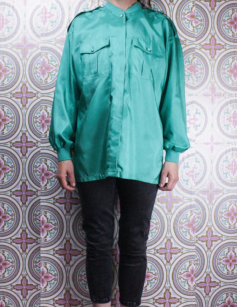 Size Medium Silky Slouchy Draped Shirt SALE 80/'s Green Button Down Blouse Utilitarian Shoulder epaulets