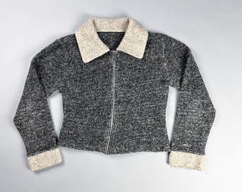 Chaqueta de suéter vintage / Cárdigan con cremallera texturizado gris y crema para mujer