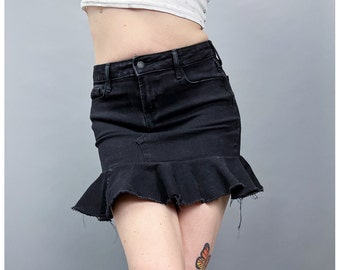 Denim Mini Skirt with Ruffled Frayed Hem | Upcycled High Rise Short Black Jean Skirt with Frilly Hem | Size