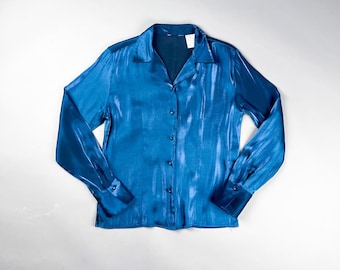 Y2K Blue Satin Long Sleeve Button-Up Shirt