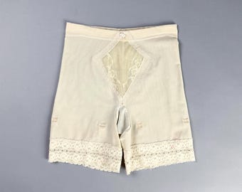 Vintage Girdle Shorts, Cream Lace Trimmed Long Leg Panties with Garter Loops
