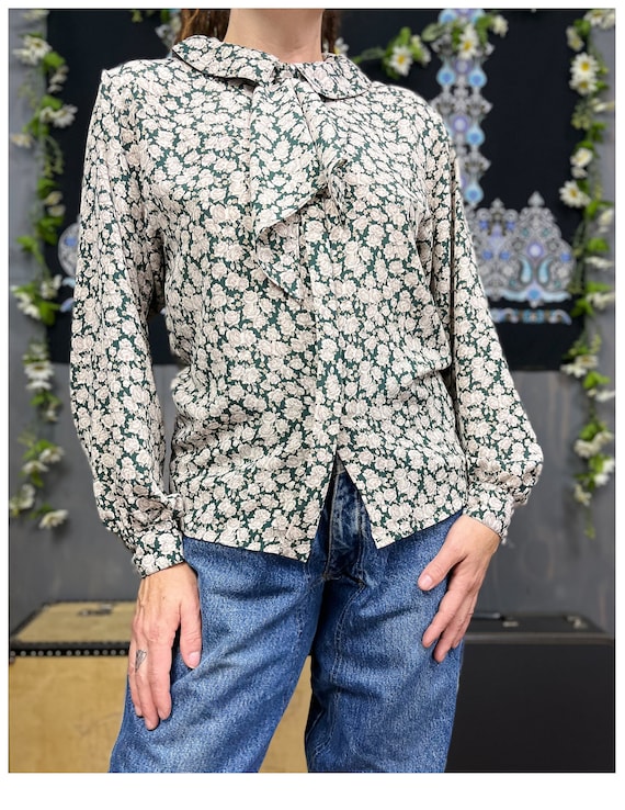 Rose Patterned Blouse | Vintage 90's Dark Green &… - image 2