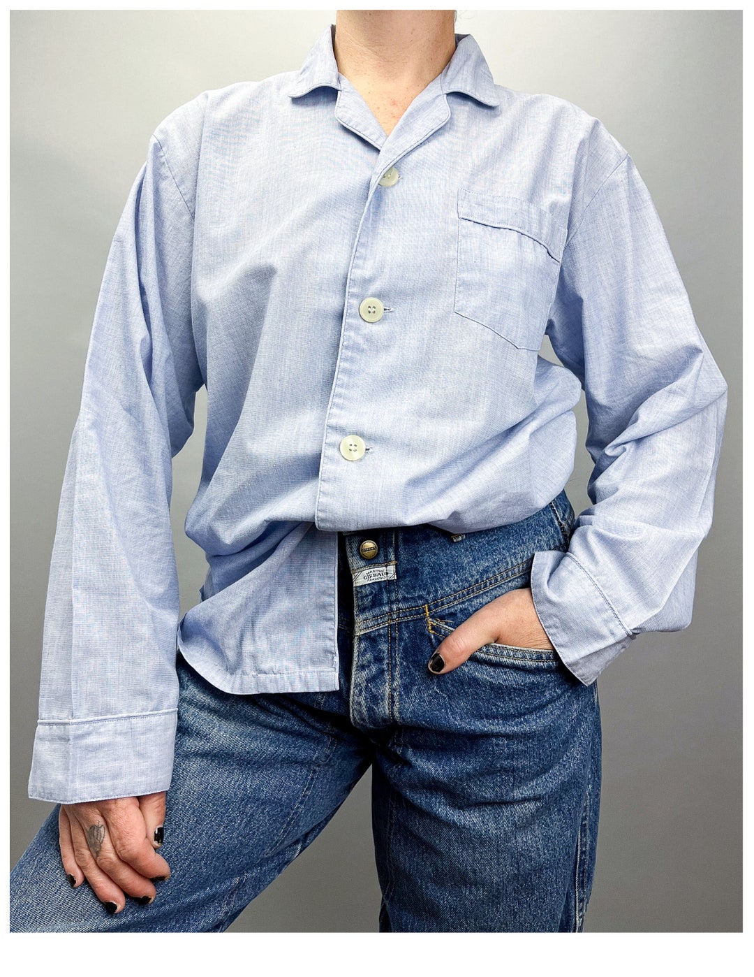 Men's Pajama Top | Vintage 80's Light Blue Chambray Collared PJ