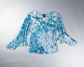 Y2K Silk Rayon Blue Floral Bell Sleeve Blouse