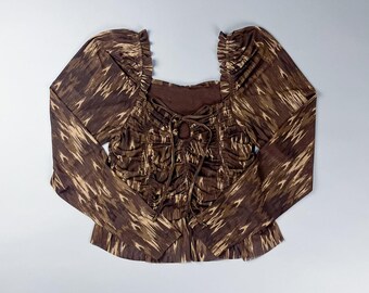 Y2K Brown Patterned Long Sleeve Ruched Front Top