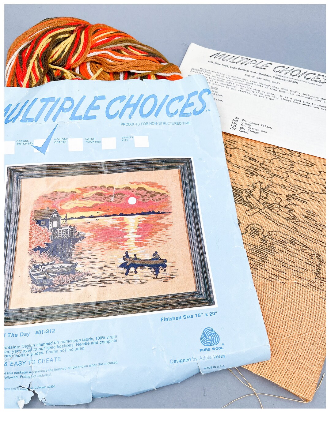 Vintage Needlepoint Kit 70's Preprinted Embroidery Crewel Kit, Sunset