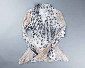 Y2K Long Sleeve Pleated Sheer Animal Print Blouse