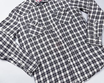 Vintage Flannel Shirt,  Black and White Plaid Long Sleeve Shirt, Snap Front