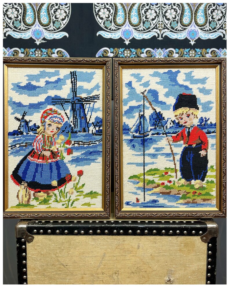 Vintage Framed Needlepoint Wall Hanging Pair Set of Two Etsy