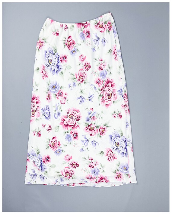 Floral Slip Skirt | Vintage 90's Bias Cut White R… - image 2