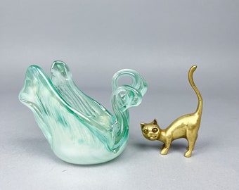 Vintage Jewelry Storage | Turquoise Glass Swan Dish & Brass Cat Ring Holder | Gift Set