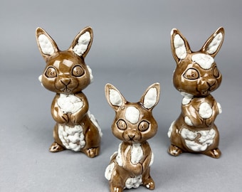Bunny Rabbit Figurines | Vintage 60's Unique Set of Three Rabbits, Brown with White Puffy Glaze