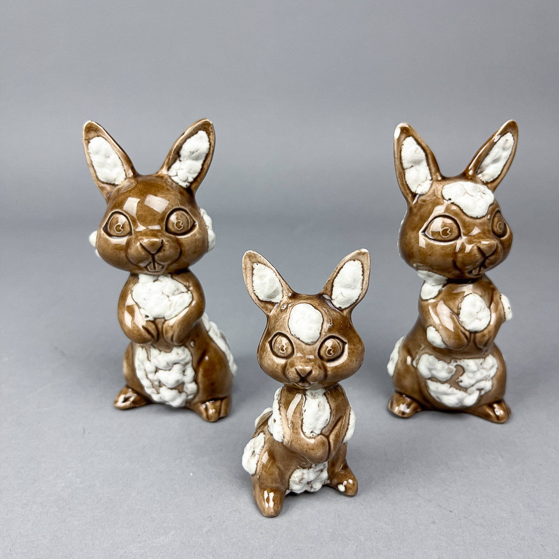 Bunny Rabbit Figurines | Vintage 60's Unique Set of Three Ceramic Rabbits, Brown with White Puffy Glaze, Oddities