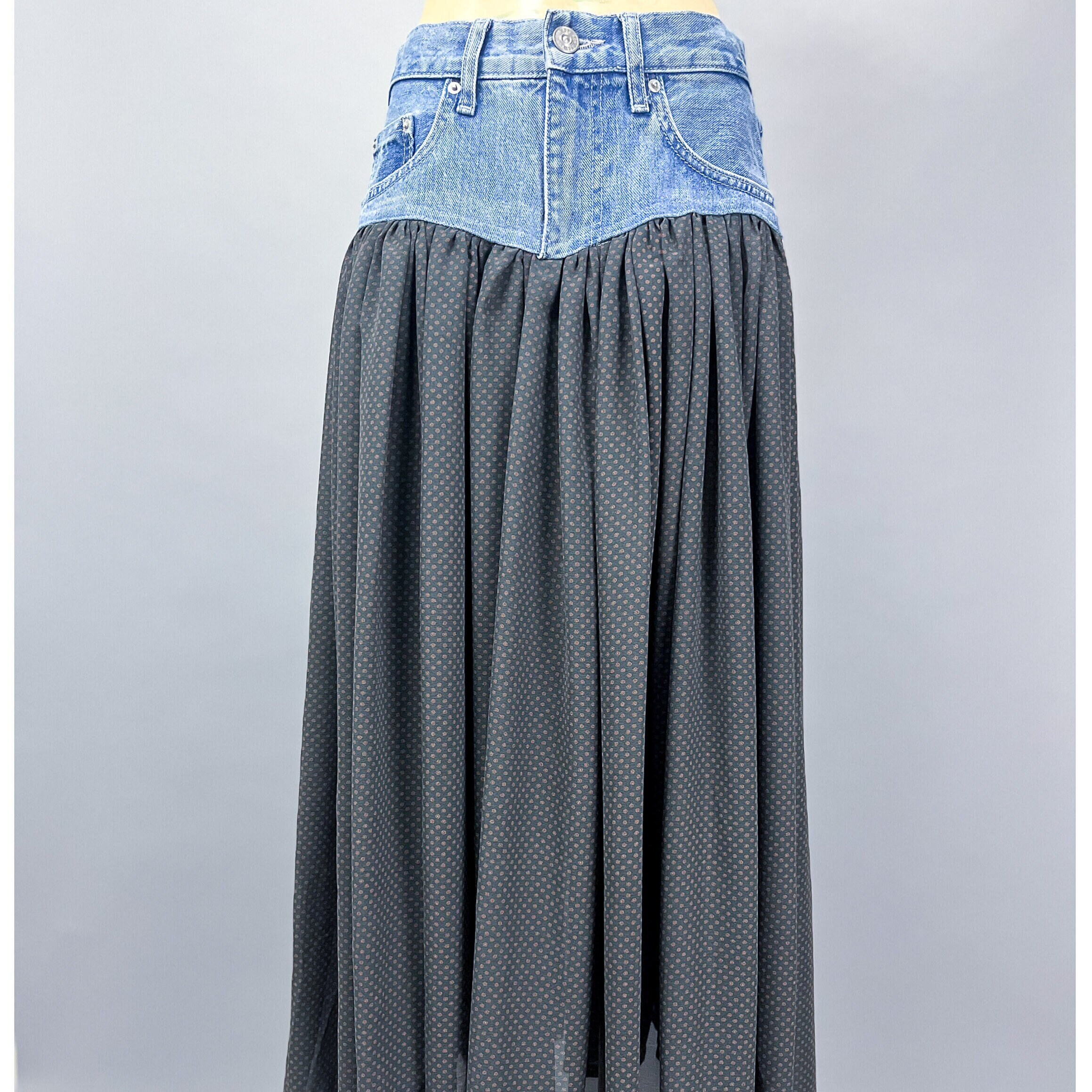 Maxi Broom Skirt | Upcycled Denim & Sheer Gathered Dotted