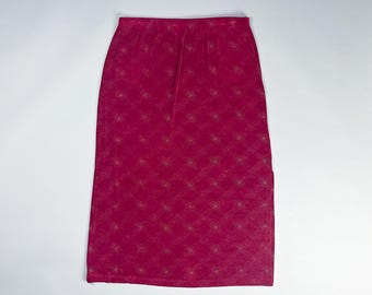 Stretchy Maxi Skirt | Vintage 90's Cranberry Spandex Skirt with Gold Metallic Pattern
