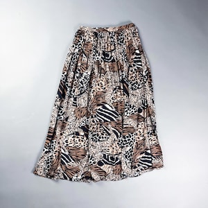 Vintage Animal Print Midi Skirt with Elastic Waistband