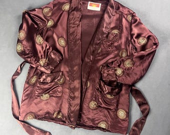 Vintage Men's Oriental Smoking Jacket, Brown Rayon Silk with Gold Embroidery