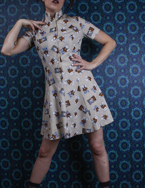 70's Novelty Print Dress, Asian Inspired Shirtwais