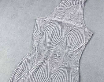 Y2K Bodycon Club Dress, Metallic Silver Optical Illusion Patterned