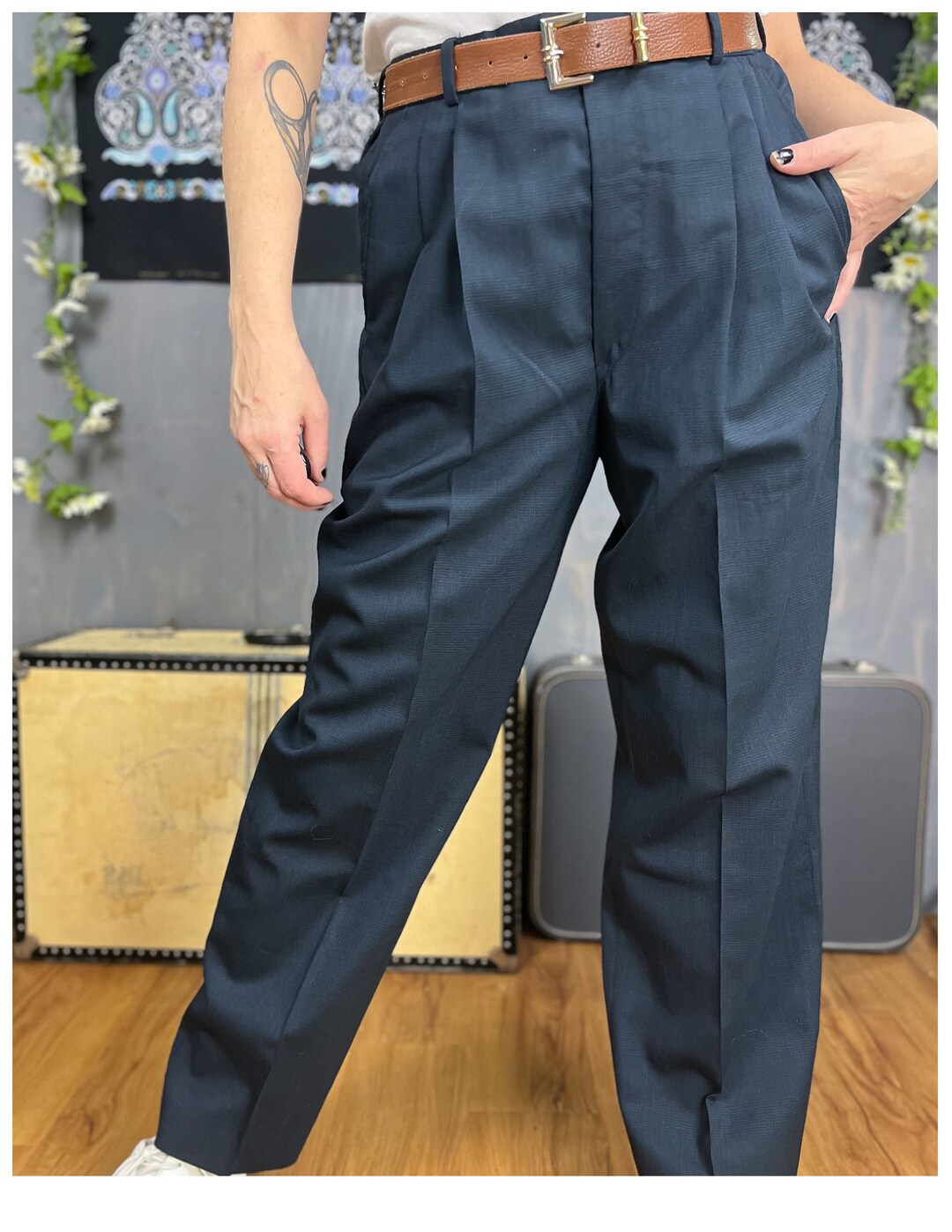 Men's Pleated Trousers Vintage 80's Navy Blue Suit - Etsy