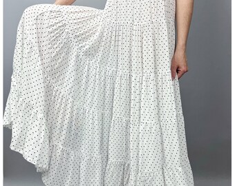 Ruffled Tiered Skirt | Handmade White Polka Dot Rayon Extra Full Peasant Maxi Skirt | Semi Sheer, Elasticized Waist | Size Large