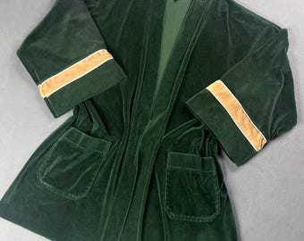 70's Men's Green Velour House Robe with Beige Stripes