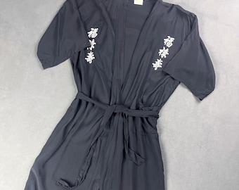 Vintage Japanese Embroidered Black Rayon Robe or Chore Jacket