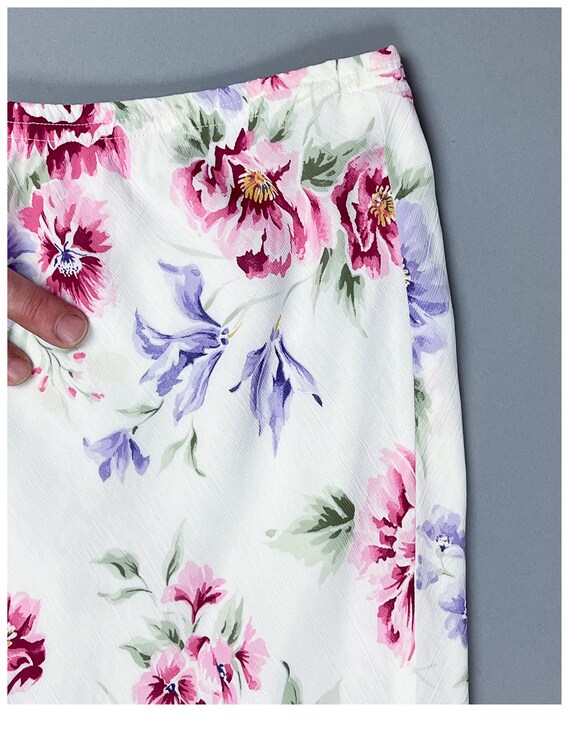 Floral Slip Skirt | Vintage 90's Bias Cut White R… - image 8