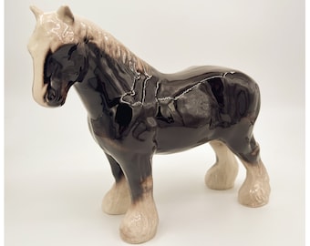 Vintage Ceramic Horse Figurine | Dark Brown Clydesdale Horse | Collectible Home Decor