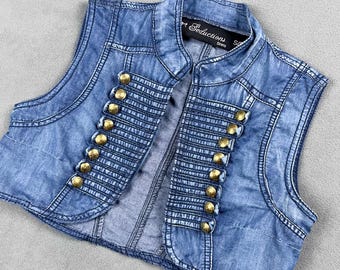Denim Military Style Cropped Vest, Y2K Vintage
