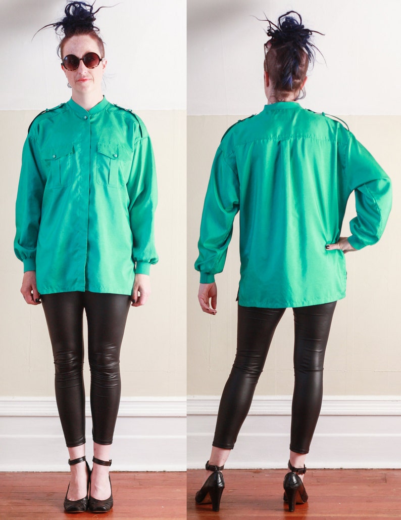 Size Medium Silky Slouchy Draped Shirt SALE 80/'s Green Button Down Blouse Utilitarian Shoulder epaulets