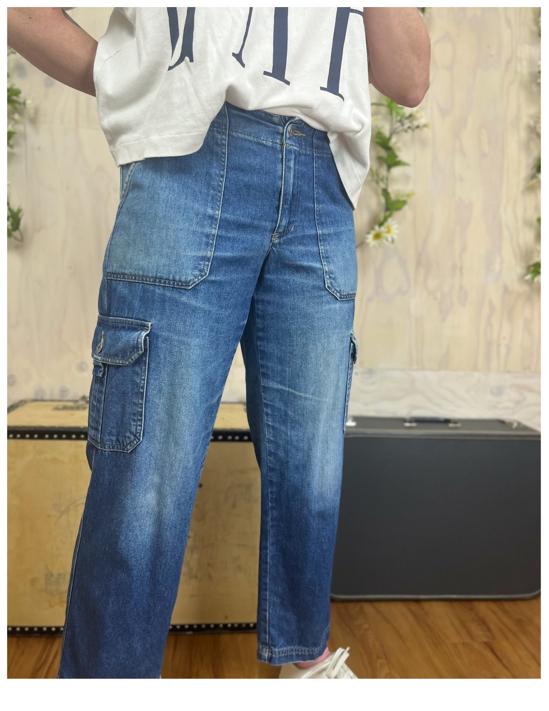 Capri Cargo Pants Vintage 90's Blue Denim Women's Three Quarter Jeans Oversized Pockets Size